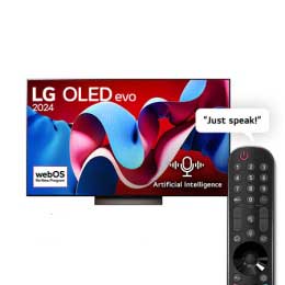Front view with LG OLED evo TV, OLED C4, 11 Years of world number 1 OLED Emblem logo and webOS Re:New Program logo on screen, as well as the Soundbar below