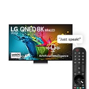 LG 86 Inch LG QNED MiniLED QNED99 8K Smart TV AI Magic remote HDR10 webOS24 2024, Front view of LG QNED TV, QNED99 with text of LG QNED 8K MiniLED, 2024, Artifical Intelligence and webOS Re:New Program logo on screen with Magic Remote, 86QNED99T6B, thumbnail 1