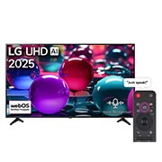 LG 65 inch LG UHD AI UA73 4K Smart TV AI Magic Remote Ready HDR10 webOS25 2025 , Front view of UHD UA73 TV, LG UHD Al Logo on the top corner. LG UHD TV depicts colorful paintike textures coming together., 65UA73006LA, thumbnail 1