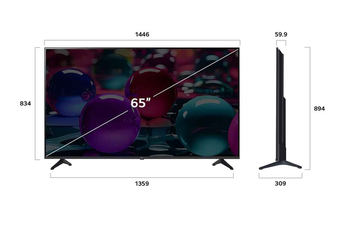 LG 65 inch LG UHD AI UA73 4K Smart TV AI Magic Remote Ready HDR10 webOS25 2025 , Front view and side view of LG UHD AI UA73 4K Smart TV showing its length, width, height, and depth dimensions., 65UA73006LA, thumbnail 5