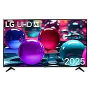 LG 65 inch LG UHD AI UA73 4K Smart TV AI Magic Remote Ready HDR10 webOS25 2025 , Front view of UHD UA73 TV, LG UHD Al Logo on the top corner. LG UHD TV depicts colorful paintike textures coming together., 65UA73006LA, thumbnail 2