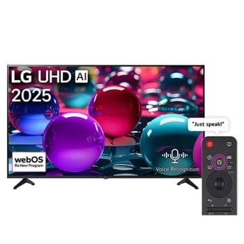 Front view of UHD UA73 TV, LG UHD Al Logo on the top corner. LG UHD TV depicts colorful paintike textures coming together.1