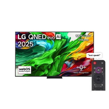 Front view of LG QNED evo QNED92 TV, LG QNED evo Al Logo on the top corner. LG QNED evo QNED92 TV TV depicts colorful paintike textures coming together.1