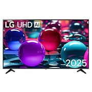 LG 55 inch LG UHD AI UA73 4K Smart TV AI Magic Remote Ready HDR10 webOS25 2025 , Front view of UHD UA73 TV, LG UHD Al Logo on the top corner. LG UHD TV depicts colorful paintike textures coming together., 55UA73006LA, thumbnail 2