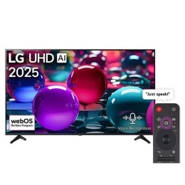 Front view of UHD UA73 TV, LG UHD Al Logo on the top corner. LG UHD TV depicts colorful paintike textures coming together.2