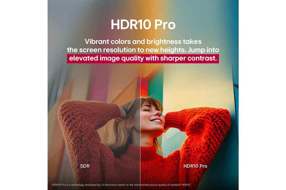 LG 43 inch LG UHD AI UA73 4K Smart TV AI Magic Remote Ready HDR10 webOS25 2025 , A photo of a girl in a red sweater split down the middle to show the left side in SDR and the right side in HDR10 Pro. The right side of the image is more sharp and in contrast in comparison to the le, 43UA73006LA, thumbnail 8