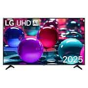 LG 43 inch LG UHD AI UA73 4K Smart TV AI Magic Remote Ready HDR10 webOS25 2025 , Front view of UHD UA73 TV, LG UHD Al Logo on the top corner. LG UHD TV depicts colorful paintike textures coming together., 43UA73006LA, thumbnail 2