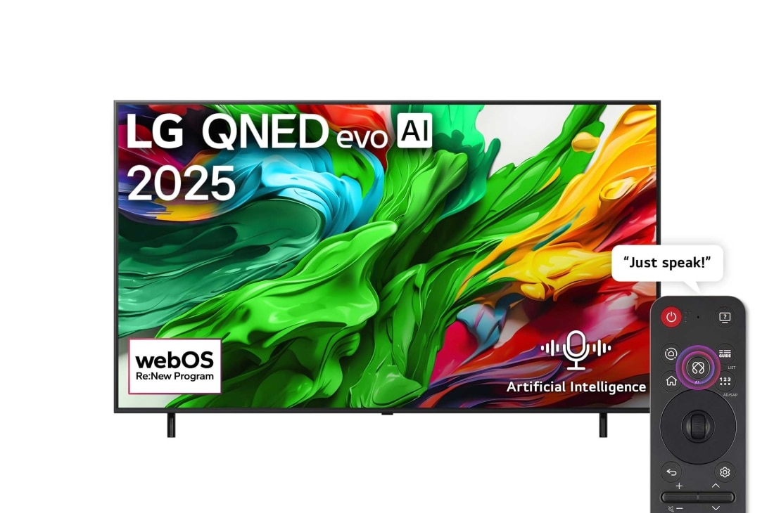 LG 65 inch LG QNED evo AI QNED86 4K 120Hz Smart TV AI Magic remote webOS25 2025 , Front view of LG QNED evo QNED92 TV, LG QNED evo Al Logo on the top corner. LG QNED evo QNED92 TV TV depicts colorful paintike textures coming together., 65QNED86A6A