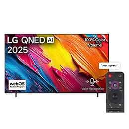 Front view of LG QNED70 TV, LG QNED Al Logo on the top corner. LG QNED TV depicts colorful paintike textures coming together.