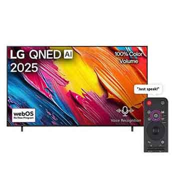 Front view of LG QNED70 TV, LG QNED Al Logo on the top corner. LG QNED TV depicts colorful paintike textures coming together.