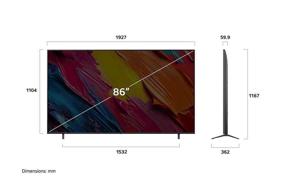 LG 86 Inch LG QNED AI QNED80 4K Smart TV 2025, Front view and side view of LG QNED AI QNED70 4K Smart TV showing its length, width, height, and depth dimensions., 86QNED80A6A, thumbnail 4