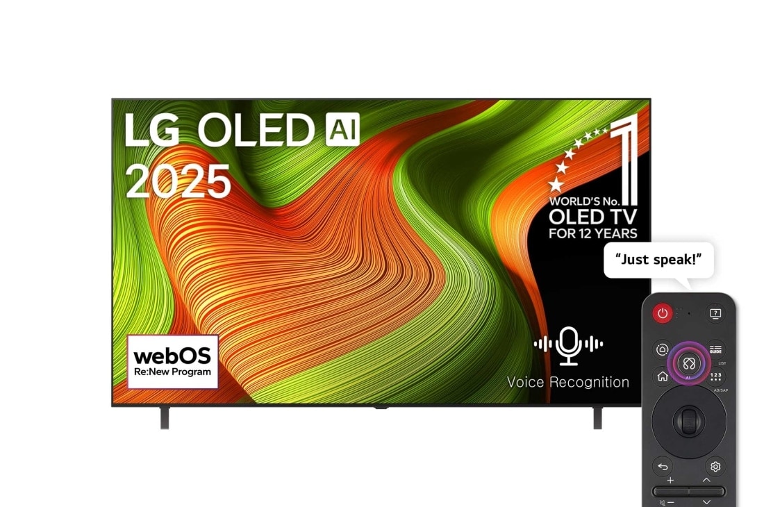 LG 83 inch LG OLED AI B5 4K 120Hz Smart TV AI Magic remote webOS25 2025 , Front view of LG OLED AI B5 4K Smart TV. 12 Years of world number 1 OLED emblem and LG OLED AI 2025 logo are on the screen., OLED83B56LA