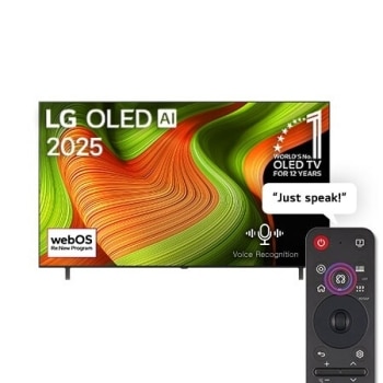 Front view of LG OLED AI B5 4K Smart TV. 12 Years of world number 1 OLED emblem and LG OLED AI 2025 logo are on the screen.1