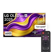 LG 97 inch LG OLED evo AI G5 4K 120Hz Smart TV AI Magic remote webOS25 2025 , Front view of LG OLED evo AI G5 4K Smart TV. 12 Years of world number 1 OLED emblem and LG OLED evo AI 2025 logo are on the screen., OLED97G56LA, thumbnail 1