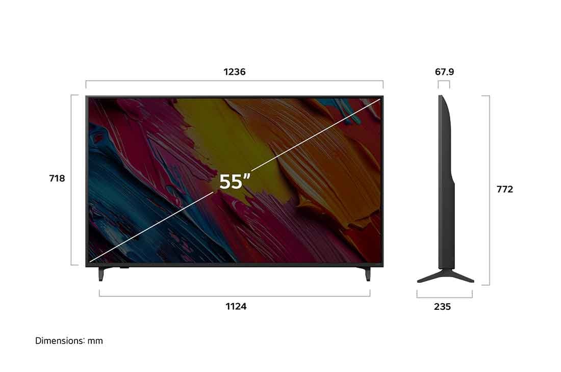 LG 55 inch LG QNED AI QNED70 4K Smart TV AI Magic remote HDR10 webOS25 2025 , Front view and side view of LG QNED AI QNED70 4K Smart TV showing its length, width, height, and depth dimensions., 55QNED70A6A, thumbnail 4