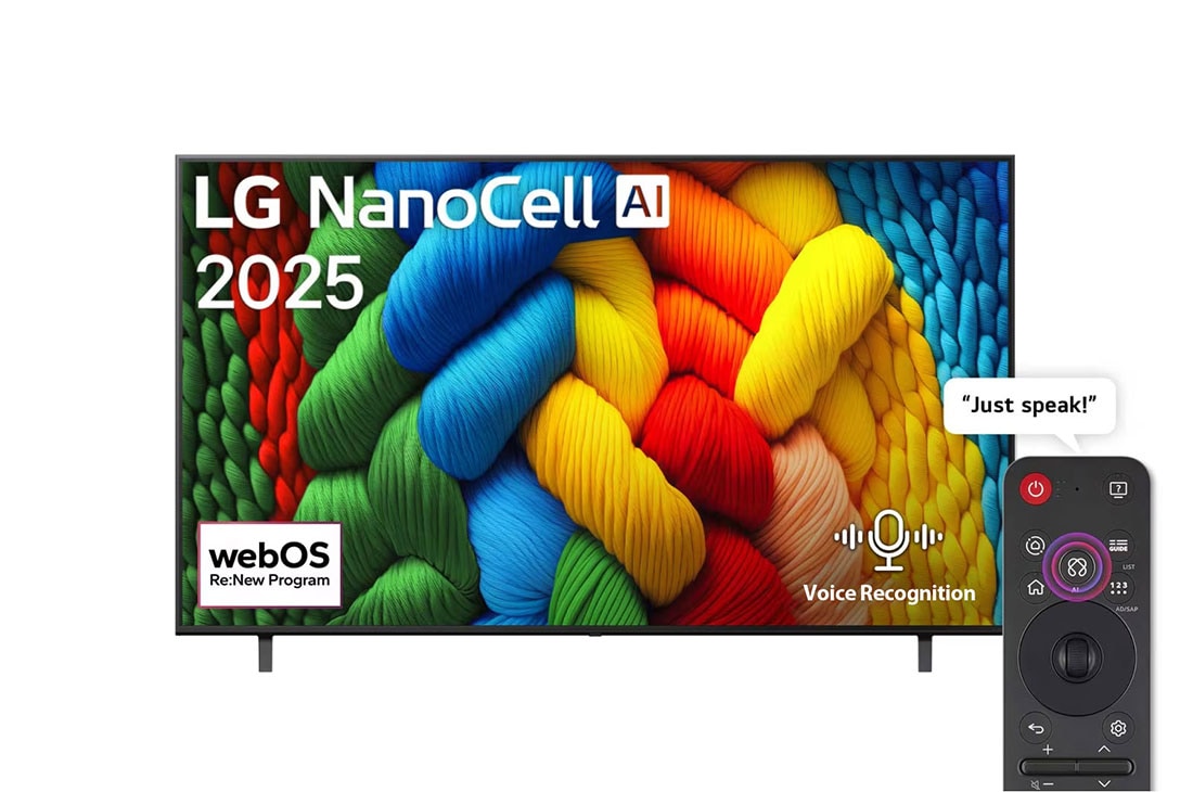 LG 55 inch LG NanoCell AI NANO80 4K Smart TV AI Magic remote HDR10 webOS25 2025 , Front view of NanoCell TV, LG NanoCell Al Logo on the top corner. LG NanoCell NANO80 TV depicts colorful paintike textures coming together., 55NANO80A6A