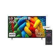 LG 55 inch LG NanoCell AI NANO80 4K Smart TV AI Magic remote HDR10 webOS25 2025 , Front view of NanoCell TV, LG NanoCell Al Logo on the top corner. LG NanoCell NANO80 TV depicts colorful paintike textures coming together., 55NANO80A6A, thumbnail 1