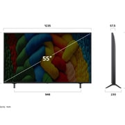 LG 55 inch LG NanoCell AI NANO80 4K Smart TV AI Magic remote HDR10 webOS25 2025 , Front view and side view of LG NanoCell NANO80 AI 4K Smart TV showing its length, width, height, and depth dimensions., 55NANO80A6A, thumbnail 4