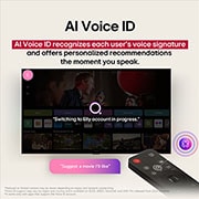 LG 55 inch LG OLED evo AI C5 4K 144Hz Smart TV AI Magic remote webOS25 2025 , LG TV screen with an AI Magic Remote on the foreground. The AI button is highlighted and a speech bubble shows text, suggest a movie I like. On the screen we see the user icon E, indicating how AI Voi, OLED55C56LA, thumbnail 10