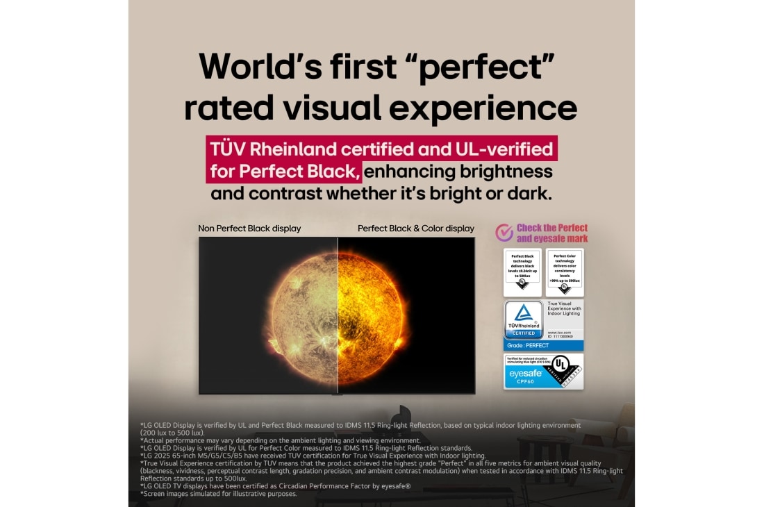 LG 65 inch LG OLED evo AI C5 4K 144Hz Smart TV AI Magic remote webOS25 2025 , LG OLED TV showing a visual comparison between a display with Perfect Color and Perfect Black and one without. UL, TÜV, and eyesafe certifications are visible, with text prompting to check the marks., OLED65C56LA, thumbnail 7