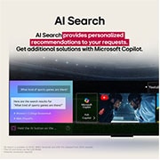 LG 77 inch LG OLED evo AI C5 4K 144Hz Smart TV AI Magic remote webOS25 2025 , Close-up of an LG OLED TV screen showing how AI Search works. A small chat window is open showing how the user asked for what sports games are available. AI search responded via chat and by showing th, OLED77C56LA, thumbnail 12