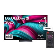 LG 77 inch LG OLED evo AI C5 4K 144Hz Smart TV AI Magic remote webOS25 2025 , Front view of LG OLED evo AI C5 4K Smart TV. 12 Years of world number 1 OLED emblem and LG OLED evo AI 2025 logo are on the screen., OLED77C56LA, thumbnail 1