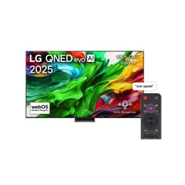 Vue avant de la TV LG QNED evo QNED86, logo LG QNED evo Al, dans le coin supérieur. La TV LG QNED evo QNED85 représente des textures colorées semblables à de la peinture, réunies.