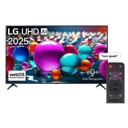 Front view of UHD UA75 TV, LG UHD Al Logo on the top corner. LG UHD TV depicts colorful paintike textures coming together.2