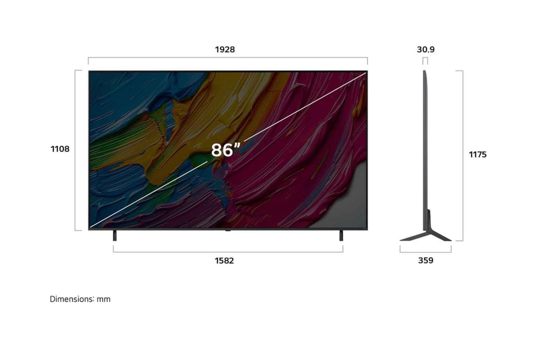 LG 86 Inch LG QNED AI QNED80 4K Smart TV 2025, Front view and side view of LG QNED AI QNED70 4K Smart TV showing its length, width, height, and depth dimensions., 86QNED80A6A, thumbnail 4