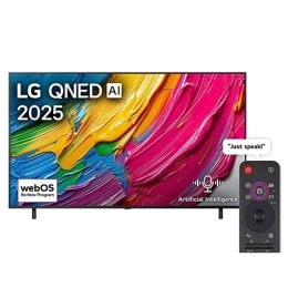 Front view of LG QNED70 TV, LG QNED Al Logo on the top corner. LG QNED TV depicts colorful paintike textures coming together.