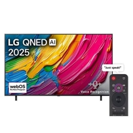 Edestä otettu kuva LG QNED80 TV -televisiosta, LG QNED Al -logo yläkulmassa. LG QNED TV -televisiossa näkyy värikkäitä maalikuvioita.2