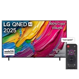 Front view of LG QNED80 TV, LG QNED Al Logo on the top corner. LG QNED TV depicts colorful paintike textures coming together.2