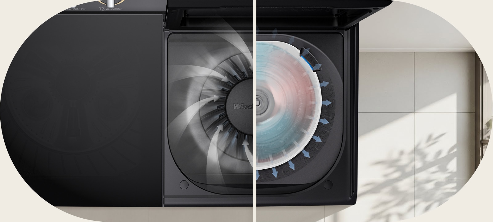 Split view of a washing machine tub showing Wind Jet Dry airflow during high-speed spinning to help remove water and shorten drying time.