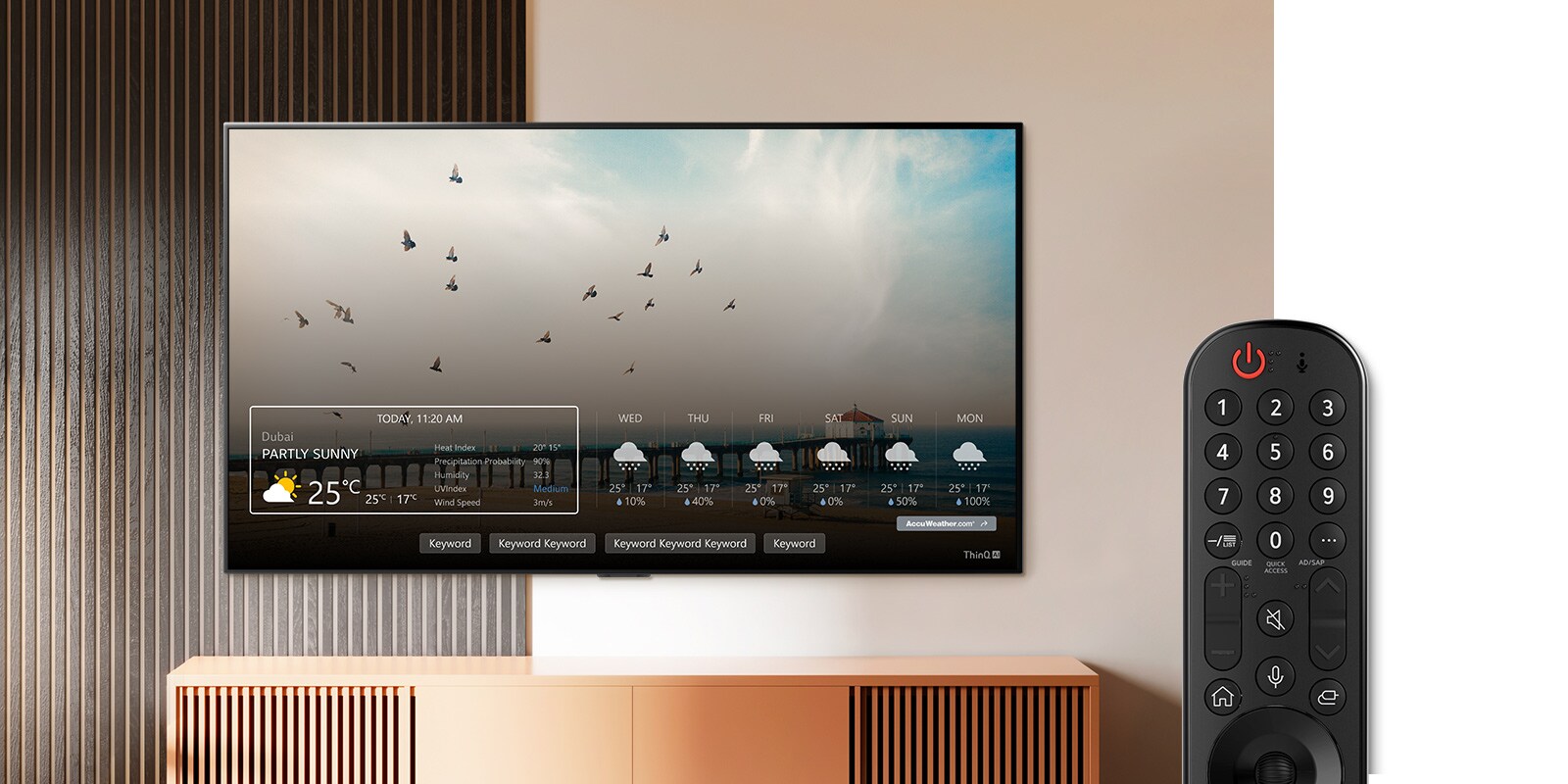As the voice command button activates and command to find the weather, the TV provides current weather. Then, as the second command asks about the weather of Jordan, the TV provides the weather on Jordan. (play the video)