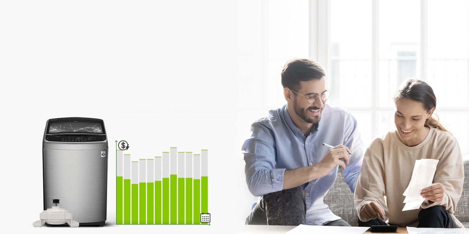 A front view of the LG Top Loading Washer with a motor in front is on the left of the image with a line graph in the center and on the right side is a man and woman smiling as they look at bills. The line graph moves to show what the electricity costs were last year compared to this year and the cost is lower by about a third.
