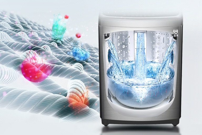 The left side shows colorful residue and grime on fabric with an image of a see-through washer with water pouring in from the sides on the right.