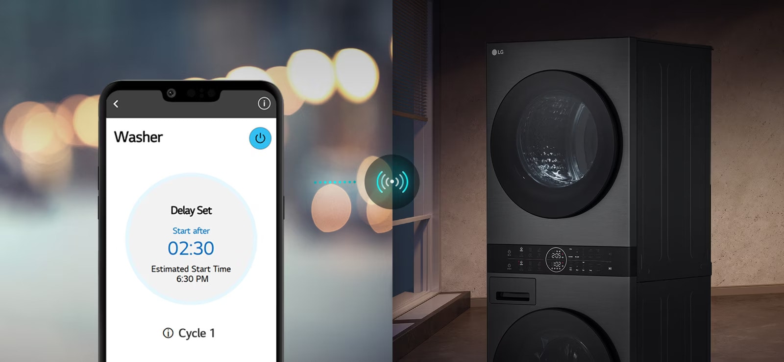 An image on the left shows a man looking down at his phone. The image on the right shows the washer at home with a green light on the display. At the center of the two images in a picture of the screen of the phone which shows the washer on the LG ThinQ app and a connectivity icon.