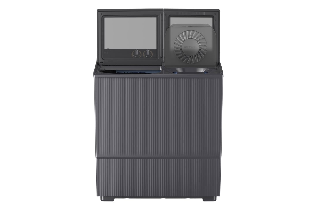 LG 8KG Twin Tub Washer, Front view of a twin tub washer showing modern flat exterior design and control panel with three selector knobs., P800R3AGNC, thumbnail 2