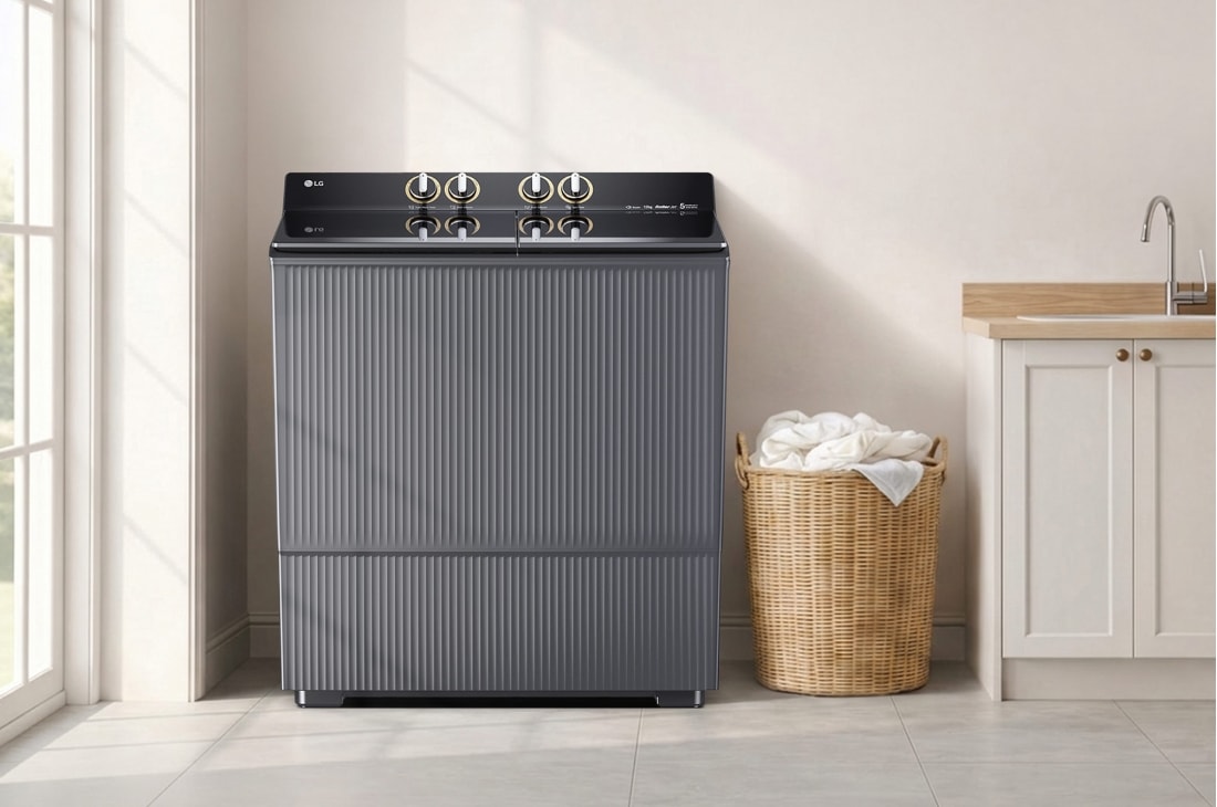 LG 8KG Twin Tub Washer, Interior detail of wash tub and spin tub showing dual compartment structure of the twin tub washing machine., P800R3AGNC, thumbnail 15
