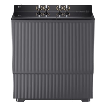 Front view of a twin tub washer with flat design and top control knobs on a clean white background.1