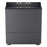 Front view of a twin tub washer with flat design and top control knobs on a clean white background.2