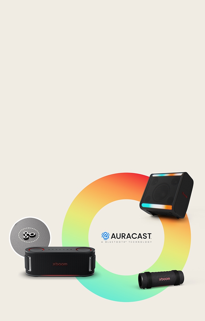 تم وضع XBOOM Stage 301 وBounce وGrab على دائرة بألوان قوس قزح، مرتبة بترتيب دائري مع عقارب الساعة. تظهر بجوار xboom Bounce صورة زر Auracast داخل شكل دائري.