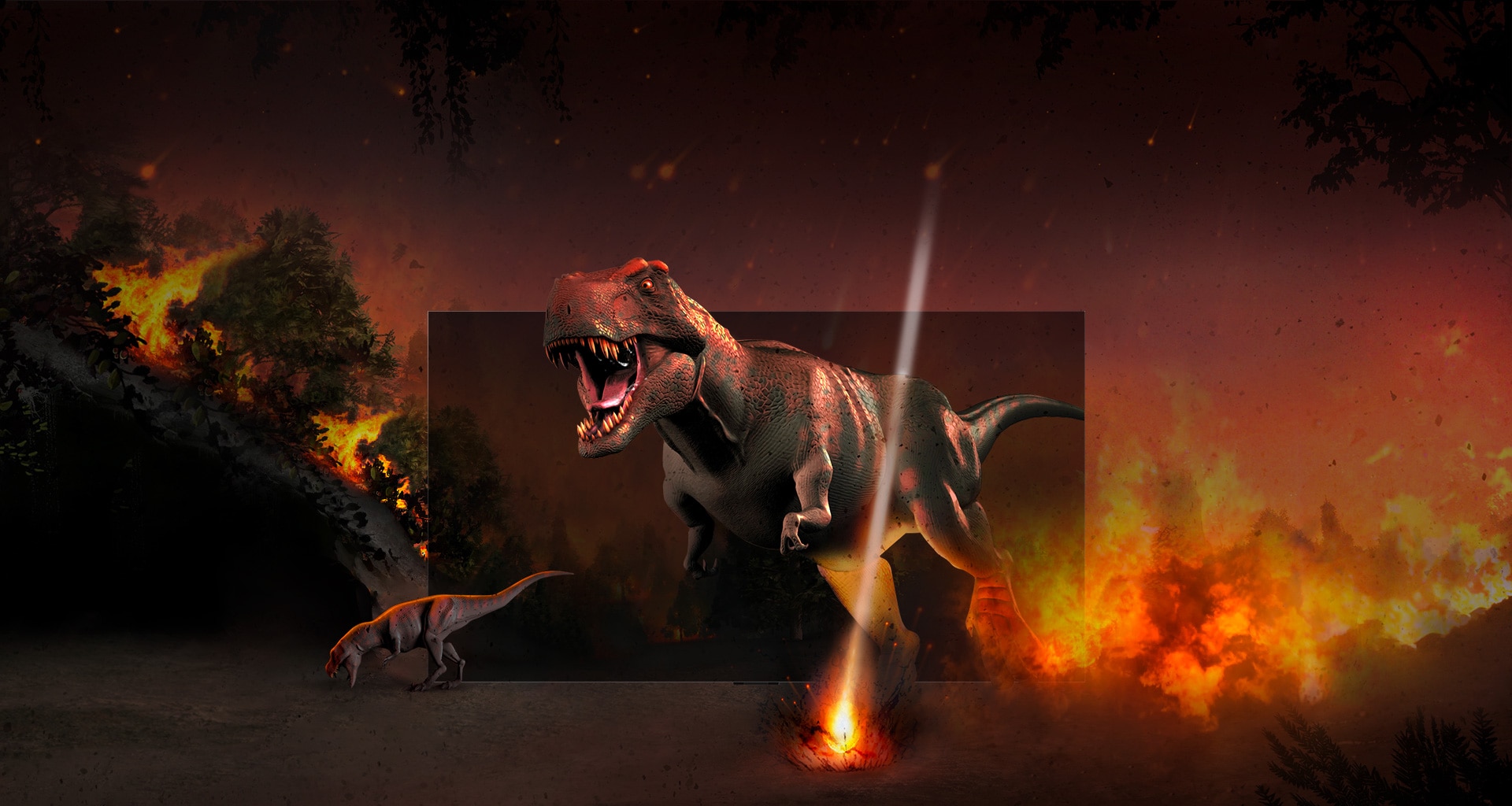 A dinosaur jumps through the screen of the LG OLED television while the scene comes to life in the room
