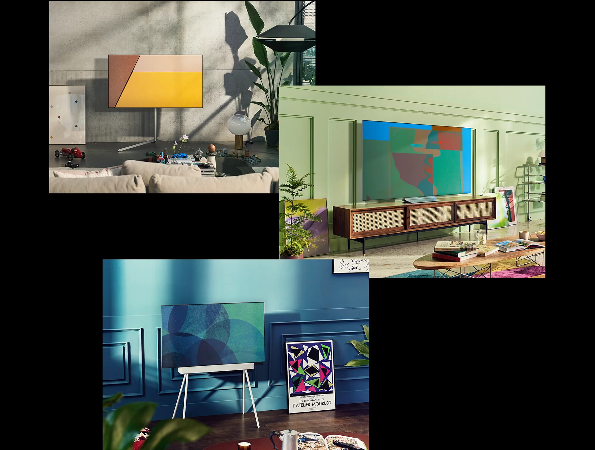 A gallery stand LG OLED television is in a modern minimalist room. A swivel stand LG OLED television is in a room. A floor stand LG OLED television is in a cozy room 