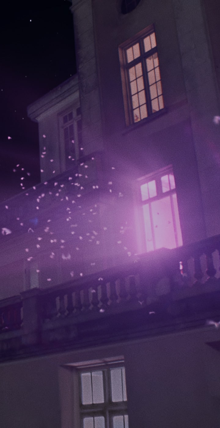 Moths flock across the night sky toward the top of a mansion. From the living room window, the camera cuts to a silhouette of a couple watching TV on the sofa. Bands of blue and purple light sway onscreen.