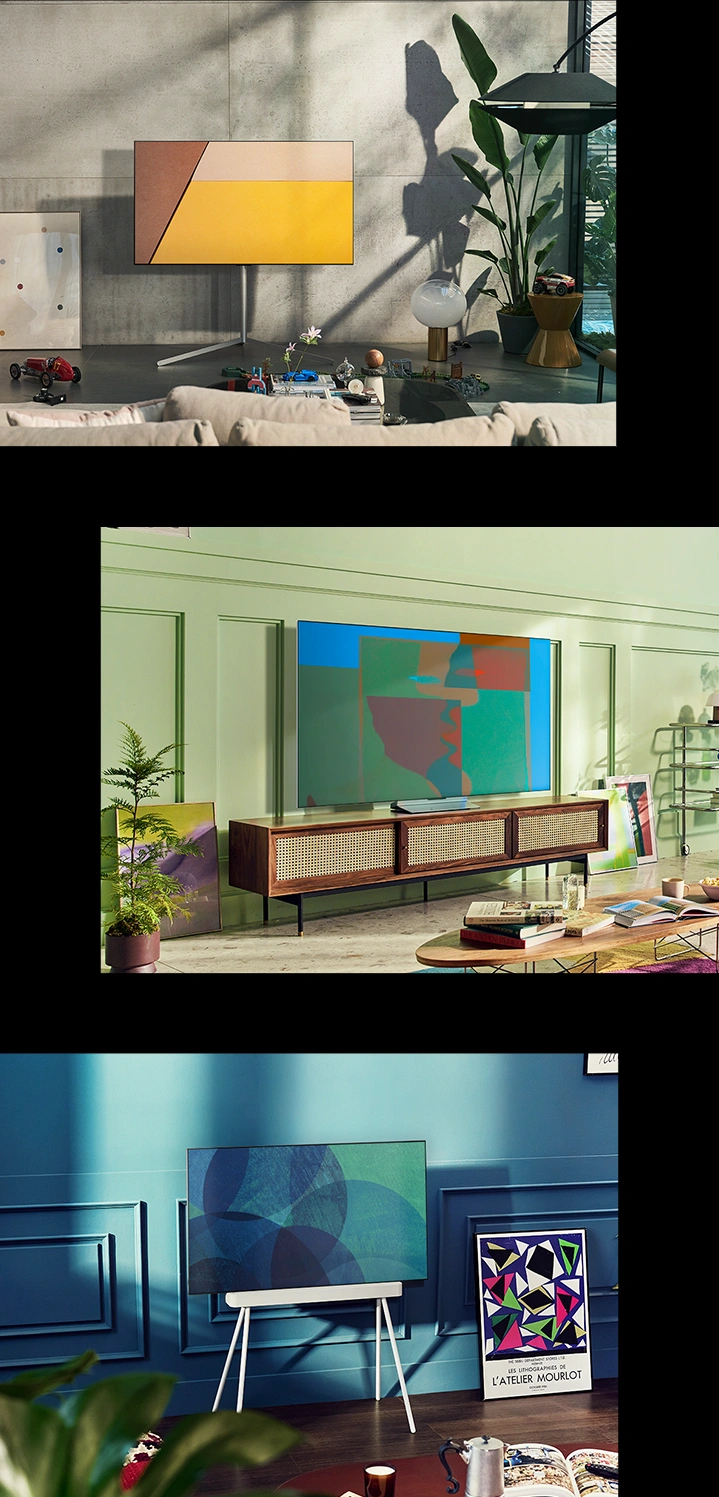 A gallery stand LG OLED television is in a modern minimalist room. A swivel stand LG OLED television is in a room. A floor stand LG OLED television is in a cozy room 