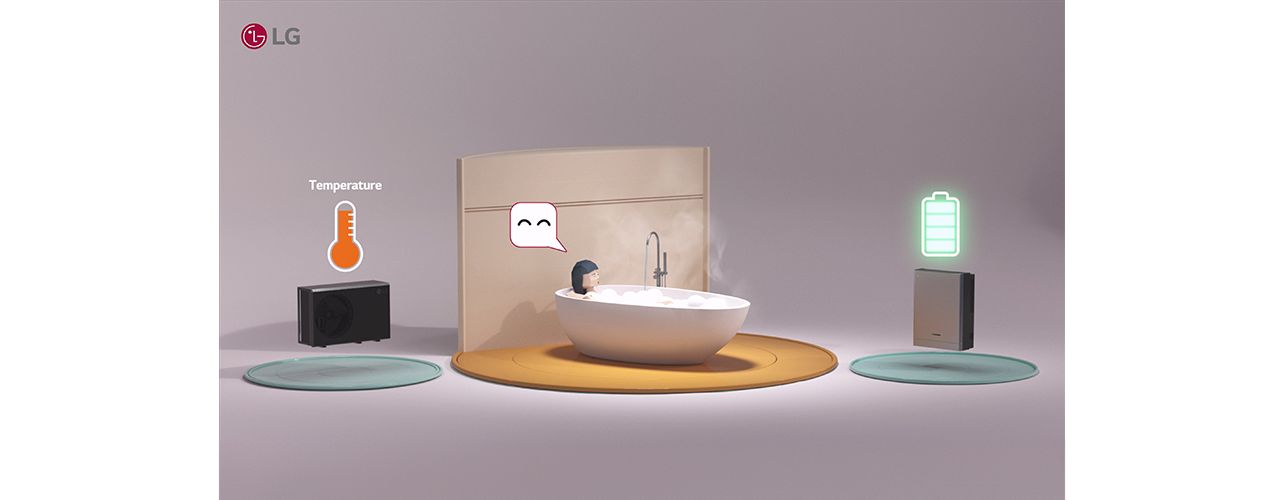 Gestion de la température et de la batterie par le système d’optimisation énergétique LG pour un bain confortable.