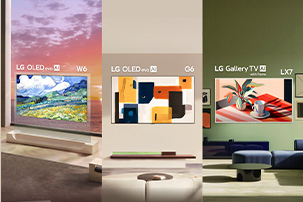 Le téléviseur LG ART présente une gamme de téléviseurs LG OLED evo AI W6 Wallpaper TV, LG OLED evo AI G6 et LG Gallery TV avec un cadre LX7 ART TV, chacun affichant des œuvres d’art à travers des intérieurs variés et intégrant une esthétique de style galerie dans les espaces domestiques.