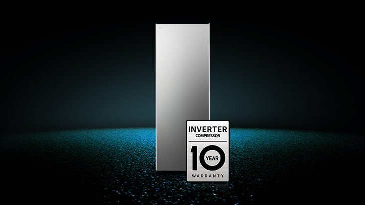 Image phare d'un congélateur vertical mettant en avant les performances du Inverter Compressor, avec un badge indiquant une garantie de 10 ans