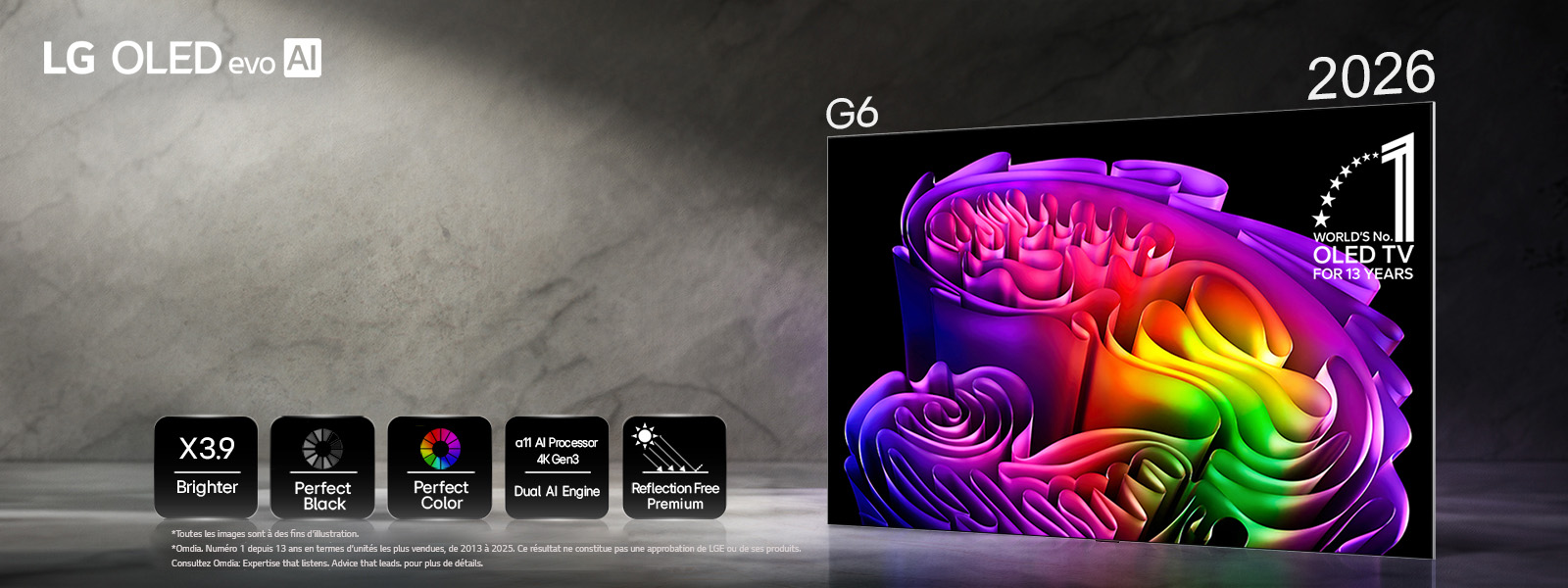 La LG OLED evo AI G6, alimentée par Hyper Radiant Color Tech, affiche une image d’art papier abstraite éclatante à l’écran avec des icônes pour une luminosité maximale 3,9&nbsp;fois plus lumineuse, un noir parfait, une couleur parfaite, un processeur α 11 AI 4K Gen3 Dual AI Engine et une technologie Reflection Free Premium.